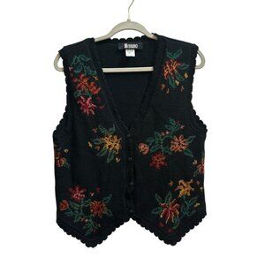 Modiano VTG Floral Knit Sweater Vest Cardigan Cottagecore Button Front Sz M USA‎